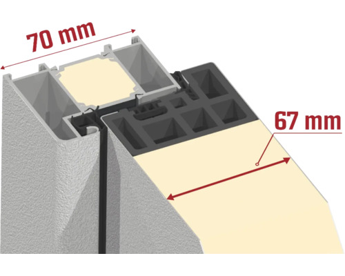 Detailansicht eines Fensterprofils mit Maßangaben 70 mm und 67 mm.