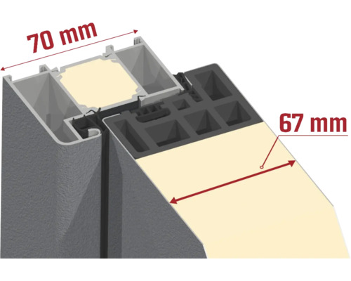 Querschnitt eines Fensterrahmens mit den Maßen 70 mm und 67 mm