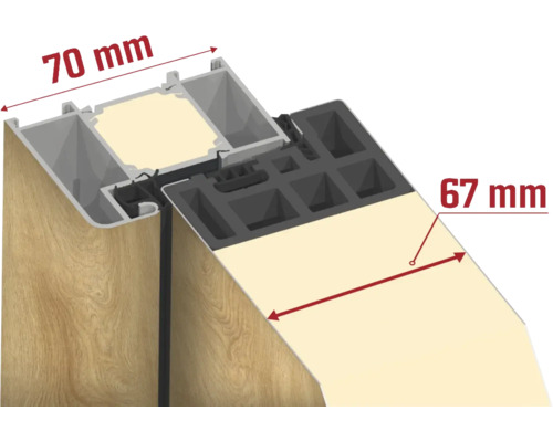 Querschnitt eines Türrahmens mit den Maßen 70 mm und 67 mm
