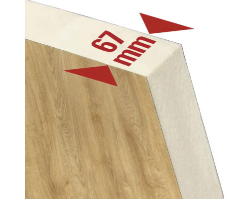 Detailaufnahme einer 67 Millimeter dicken Dämmplatte mit Holzstruktur