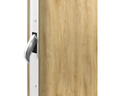 Detailansicht einer Haustür mit Holzoptik und silberfarbenem Griff