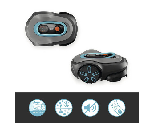 Gardena Mähroboter in zwei Ansichten mit Symbolen für Kantenschnitt, Pflanzenschutz und leisen Betrieb