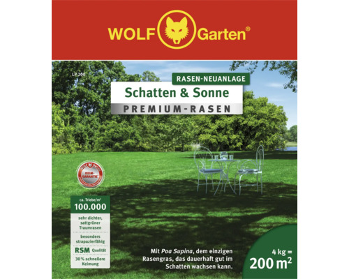 Wolf Garten Rasensamen Schatten und Sonne für die Rasen-Neuanlage, 4 Kilogramm für 200 Quadratmeter