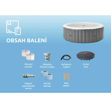Lieferumfang eines aufblasbaren Whirlpools mit Filterkartuschen, Filterkartuschenbasis, Aufblasschlauch, oberer Abdeckung, Ablassventiladapter, Kartuschenhülle und Flicken