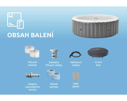 Lieferumfang eines aufblasbaren Whirlpools mit Filterkartuschen, Filterkartuschenbasis, Aufblasschlauch, oberer Abdeckung, Ablassventiladapter, Kartuschenhülle und Flicken
