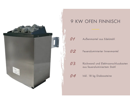 Finnischer 9 Kilowatt Saunaofen mit Diabassteinen