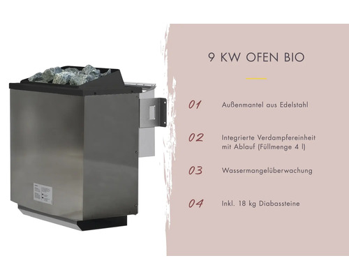 9 Kilowatt Saunaofen mit Edelstahlaussenmantel und 18 Kilogramm Diabassteinen