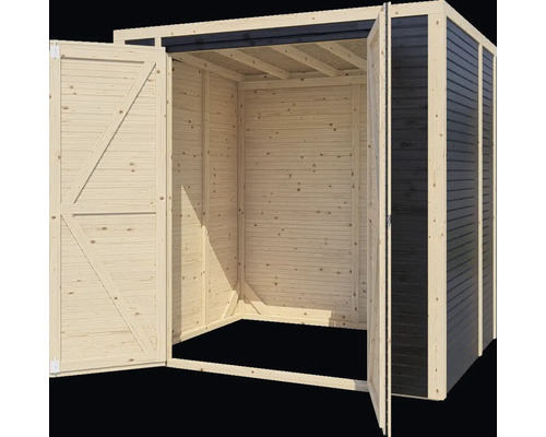 Offener Holzgeräteschuppen mit Flügeltüren