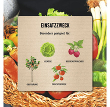 Illustration des Einsatzzwecks mit Gemüse, Beerensträuchern, Obstbäumen und Fruchtgemüse