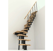 Freitragende Treppe mit Holzstufen und schwarzem Geländer