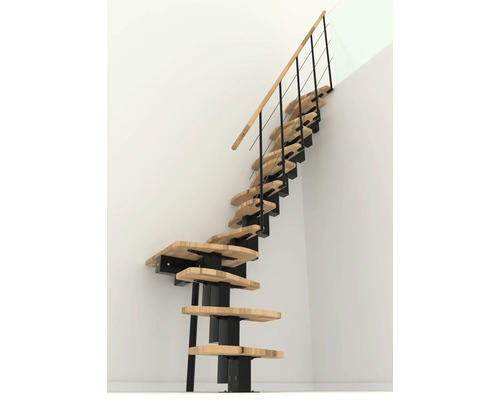 Freitragende Treppe mit Holzstufen und schwarzem Geländer