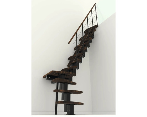 Freitragende Treppe mit Holzstufen und Geländer vor einer weißen Wand