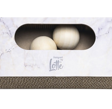 Kratzbox für Katzen mit zwei Spielbällen und Lotte Logo