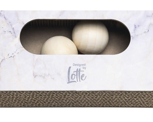 Kratzbox für Katzen mit zwei Spielbällen und Lotte Logo