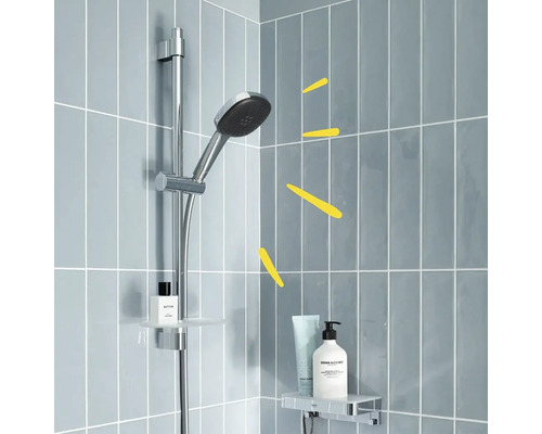Duschstange mit Handbrause und Ablage im Badezimmer