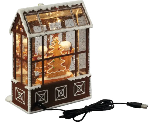 Dekorative Schneekugel in Form eines Lebkuchenhauses mit LED-Beleuchtung und USB-Kabel