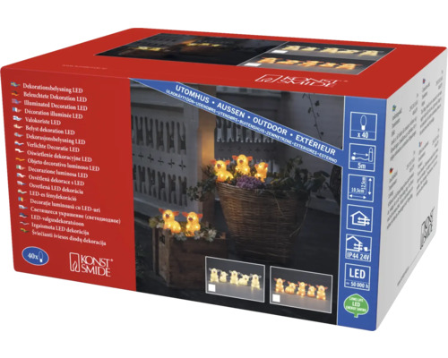 Verpackung einer LED-Dekorationsbeleuchtung mit Tiermotiven für den Außenbereich von Konstsmide mit 40 Leuchten, 5 Meter Zuleitung und 10,5 Zentimeter Lampenabstand