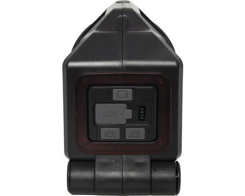Detailansicht einer schwarzen Arbeitsleuchte mit USB-Anschluss und verschiedenen Schaltern.