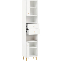 Weißer Badezimmerschrank mit Regalen und Schubladen