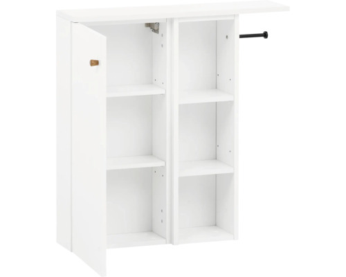 Weißer Badezimmerschrank mit Einlegeböden und offener Tür