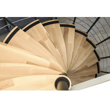 Ansicht einer Wendeltreppe aus Holz mit Metallgeländer.