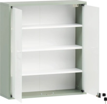 Stahlschrank mit drei Einlegeböden und zwei offenen Türen