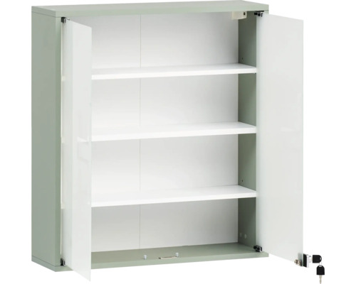 Stahlschrank mit drei Einlegeböden und zwei offenen Türen