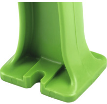 Detailansicht eines grünen Stützfußes aus Kunststoff.