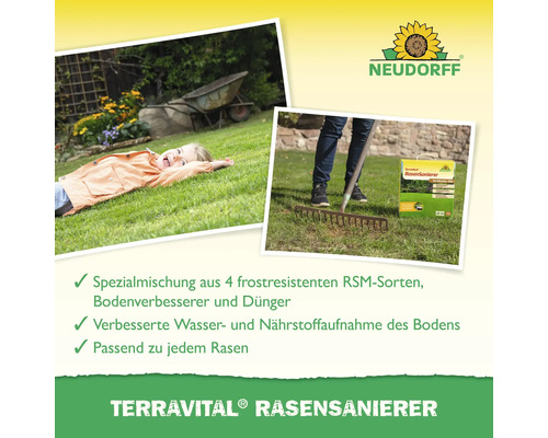 TerraVital Rasensanierer Produktanwendung mit Kind auf Rasen und Person mit Rechen.