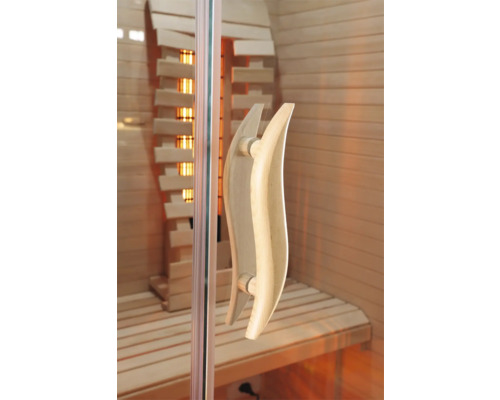 Nahaufnahme einer Sauna mit Glastür und Holzgriff