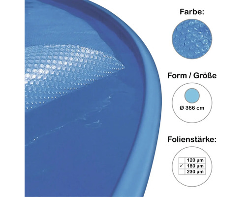 Blaue Poolabdeckung mit Noppenstruktur, Durchmesser 366 Zentimeter und Folienstärke 180 Mikrometer.