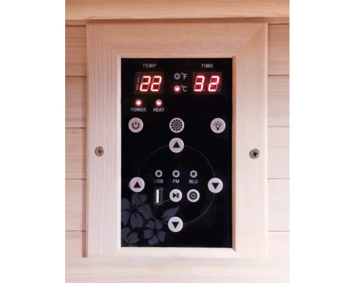 Bedienfeld einer Sauna zur Steuerung von Temperatur, Zeit und Audiofunktionen