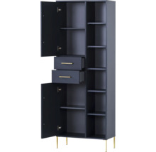 Hoher Schrank mit offenen Türen, Schubladen und Regalen