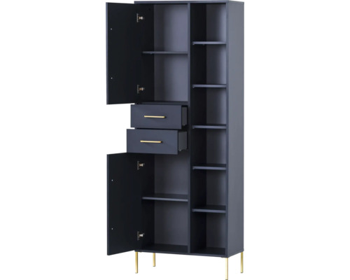 Hoher Schrank mit offenen Türen, Schubladen und Regalen