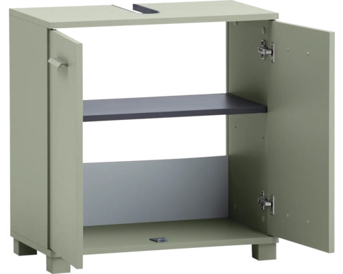 Waschbeckenunterschrank mit zwei offenen Türen und einem Regal