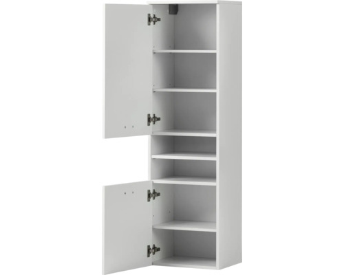 Weißer Hochschrank mit offenen Türen und Regalböden