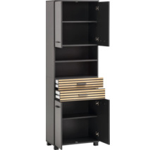 Hoher Schrank mit offenen Regalen und Schubladen