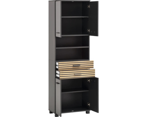 Hoher Schrank mit offenen Regalen und Schubladen