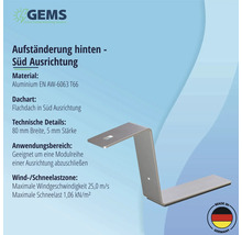 GEMS Aufständerung hinten für Flachdach Südausrichtung aus Aluminium EN AW-6063 T66, 80 mm breit, maximale Windgeschwindigkeit 25,0 m/s, maximale Schneelast 1,06 kN/m², Hergestellt in Deutschland Siegel