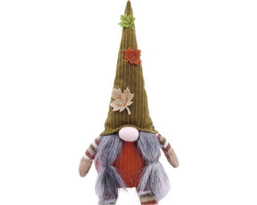 Dekorative Herbstfigur Zwerg mit Cordhut und Ahornblättern