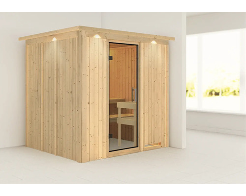 Holzsauna mit Glastür und integrierter Beleuchtung im Innenraum
