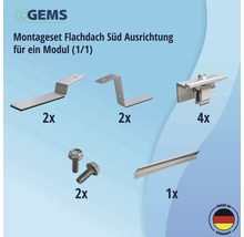 Montageset für Flachdach Südausrichtung mit zwei Haltern, zwei Winkel, vier Modulklemmen, zwei Schrauben und einer Schiene