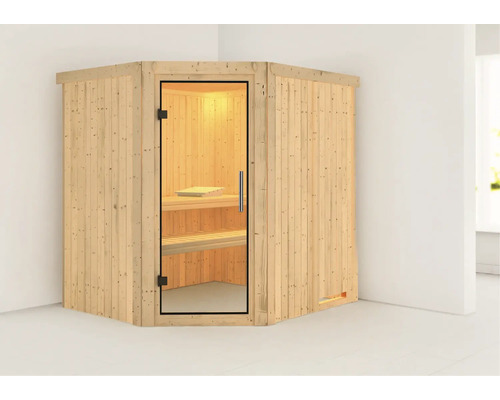 Ecksauna aus Holz mit Glastür und Innenbeleuchtung