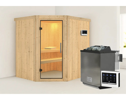 Innensauna aus Holz mit Saunaofen und Saunasteinen