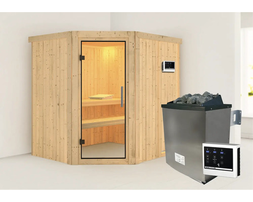 Ecksauna mit Glastür, Innenleben aus Holz und Saunaofen mit Steinen