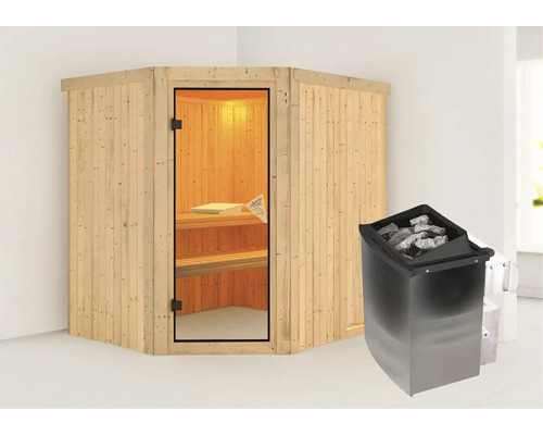 Ecksauna aus Holz mit Saunaofen und Saunasteinen