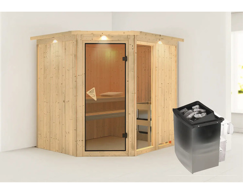 Ecksauna aus Holz mit Glastür und Saunaofen