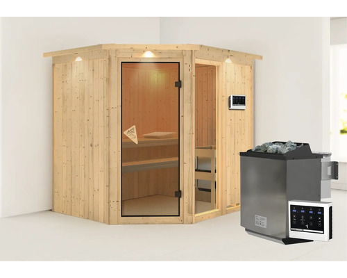 Ecksauna mit Glastür, Steuerung und Saunaofen