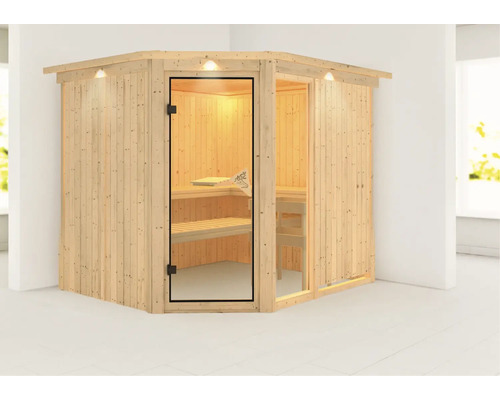 Ecksauna aus Holz mit Glastür und Innenbeleuchtung.