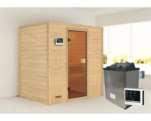 Sauna aus Holz mit Glastür und Saunaofen